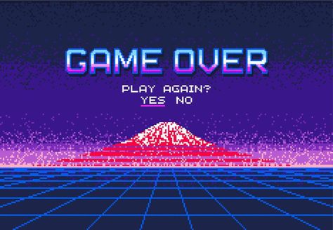 Pixel video game over screen with mount Fujiyama Vaporwave Video Game, Video Game Inspiration, Video Game Yearbook Theme, 80s Video Game Aesthetic, Pixel Games Aesthetic, Pixel Video Game Aesthetic, 2000s Video Game Aesthetic, Video Game Start Screen, Video Game Loading Screen