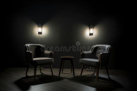 Podcast room interior with two empty chairs and spotlights. Generative AI stock images Podcast Chairs, Studio Room Design, Podcast Room, Podcast Setup, Pink Couch, Tv Ideas, Studio Chairs, Home Studio Setup, Podcast Studio