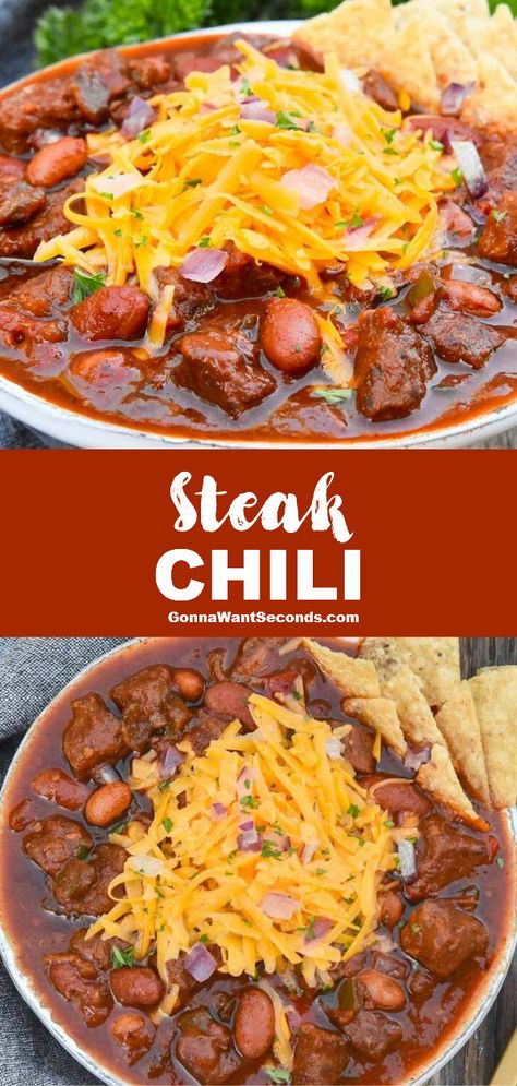 Cowboy Chili Crockpot, Filet Mignon Chili Recipe, Steak Chili Recipe, Chili Recipe Video, Chilli Dogs, Steak Chili, Ribs Recipes, Meat Chili, Leftover Steak