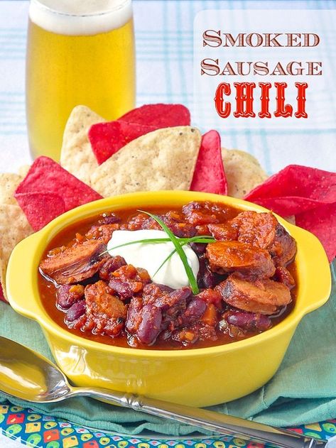 Smoked Sausage Chili. Simple, smoky and delicious. Forget the ground beef, using smoked sausage instead is my new favourite way to make a hearty chili. #comfortfood #mexicanfood #smokedsausage Smoked Sausage Chili, Recipes With 1lb Ground Beef, Sausage Chili, Newfoundland Recipes, Smoked Sausage Recipes, Hearty Chili, Rock Recipes, Blogger Photos, Delicious Magazine