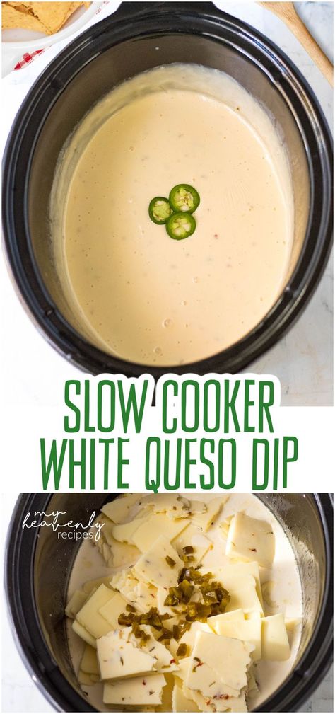 crockpot white queso dip Crockpot White Queso Dip, Restaurant White Queso, Crockpot White Queso, Mexican Queso Recipe, Restaurant Style White Queso Dip, Homemade White Queso Dip, Crockpot Queso Recipe, Homemade White Queso, Queso Dip Crockpot