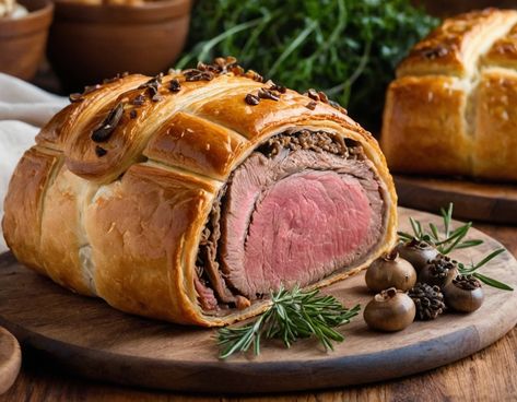 Beef Wellington Recipe Ingredients: 1.5 to 2 lbs beef tenderloin (center-cut, trimmed) 2 tbsp olive oil Salt & pepper 2 tbsp Dijon mustard 8 oz mushrooms, finely chopped 1/2 cup pâté (optional) 12 slices prosciutto 1 sheet puff pastry 1 egg (egg wash) 2 tbsp butter Instructions: Prepare the Beef: Preheat oven to 400°F (200°C). Sear beef in hot olive oil for 2-3 mins per side, then coat with Dijon mustard. Let cool. Make Mushroom Duxelles: Sauté chopped mushrooms in butter until dry, about ... Gordon Ramsay Beef Wellington, Beef Wellington Recipe, Rail Station, How To Make Pancakes, Beef Wellington, Roasted Meat, Beef Stroganoff, Light Rail, British Food