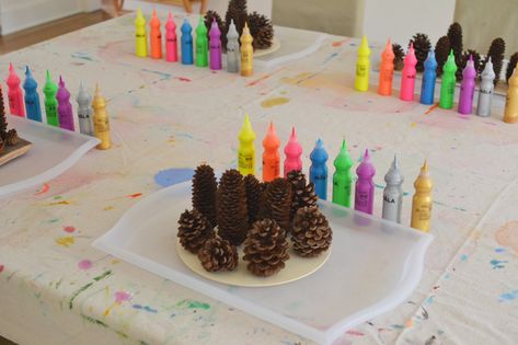 Kids use a drip paint technique to embellish pinecones and create a drippy forest. Pinecone Painting Preschool, Fall Provocations, Adapted Art, Colour Monster, Forest Invitation, Christmas Sensory, Literacy Activities Preschool, Group Art Projects, Art Activities For Toddlers