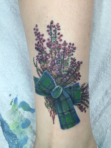 My new Heather Tat to commemorate my trip to Scotland & Ireland. Done by Memo at Insight Studio, Chicago, IL. The ribbon is a family Tartan (Weir) Heather Tattoo, Scotland Tattoo, Natur Tattoo Arm, Scottish Tattoo, Scottish Tattoos, Thistle Tattoo, Heather Flower, Tattoo Flowers, Girly Tattoos