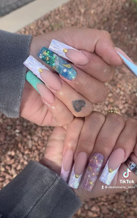 Mermaid Nails Coffin, Ariel Nails Acrylic, Mermaid Colors Nails, Mermaid Nails Ideas, Mermaid Nails Square, Under The Sea Nails Acrylic, Mermaid Themed Nails, Mermaid Nails Acrylic, Mermaid Theme Nails