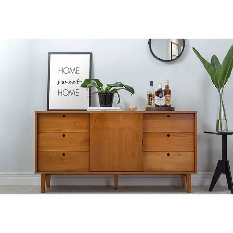 Corrigan Studio® Houchin 61" Wide 6 Drawer Pine Wood Sideboard | Wayfair Mid Century Modern Sideboard, Retro Sideboard, Mid Century Sideboard, Solid Wood Sideboard, Kitchen Sideboard, Side Board, Modern Sideboard, Wood Countertops, Wood Sideboard