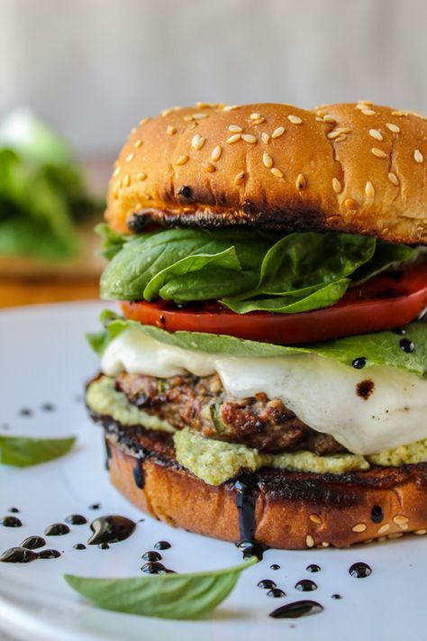 Caprese Burger with Artichoke Pesto Sauce - The Food Charlatan Burger Bros, Caprese Burger, Artichoke Pesto, Burger Sandwich, Big Burger, Ultimate Burger, The Food Charlatan, Big Burgers, Food Charlatan