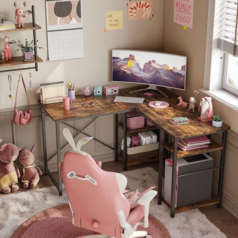 PRICES MAY VARY. 🖥️【L Shaped Desk or Long Desk】 This desk can be used as a 47" corner desk or a 75" long desk depending on your space. the L-shaped corner desk can make full use of the space in the corner, the long straight desk is perfect for 2 people to work and study together, suitable for large spaces. 🖥️【Practical Design】The shelf under the desk can be installed in the middle and on either side, which greatly expands your legroom. The height of the shelf's middle shelf is also flexible an L Shaped Desk With Shelves, Bedroom Wishlist, Corner Office Desk, L Shaped Computer Desk, Desk With Shelves, Corner Desk Office, Long Desk, Space Apartments, Small Space Bedroom