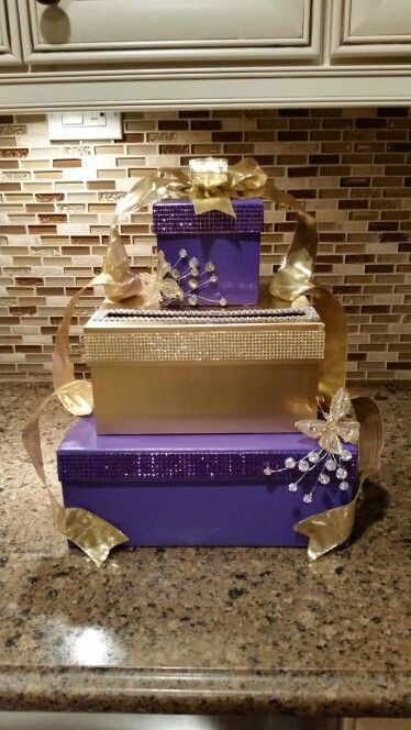 Willy wonka themed card box, purple and gold that I made Purple And Gold Candy Table, Purple Gold Graduation Party Ideas, Purple And Gold Sweet 16, Purple And Gold Party, Purple And Gold Graduation Party Ideas, 60th Birthday Centerpieces, Party Card Box, Gold Card Box, Gold Theme Party