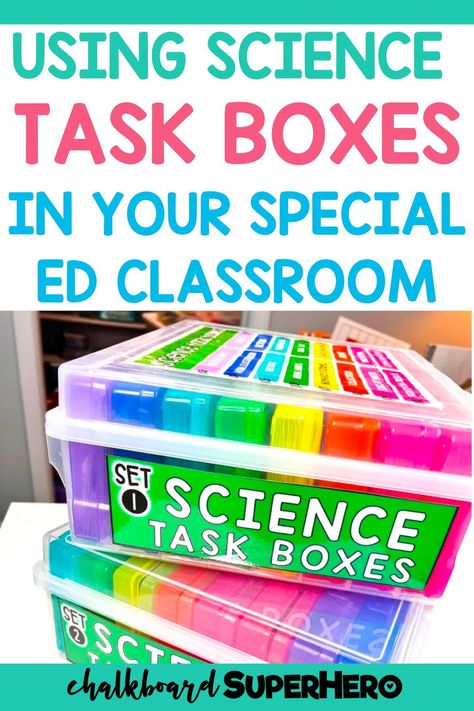 Do you use task boxes in your special education classroom? Check out this blog post about how to use task boxes for science special education activities. I give you a list of ideas to put together science task boxes or you can even link to my own special education task boxes. Some of the science skills include the five senses, the solar system, push and pull, and more. This is a great special education resource for independent centers, morning work, or homework for special education. Higher Level Task Boxes, Special Education Science Activities, Task Box Ideas Special Needs, Science Task Boxes, Middle School Task Boxes, Sped Task Boxes, Diy Task Boxes For Special Education, Severe And Profound Classroom Activities, Functional Academics Special Education