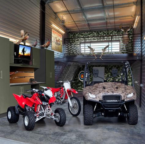 Outdoor Gear + ATVs + Farm Garage, Cabin Garage, Cool Garages, Garage Style, New Garage, Atv Accessories, Dog Room, Garage Shed, Storage Facility