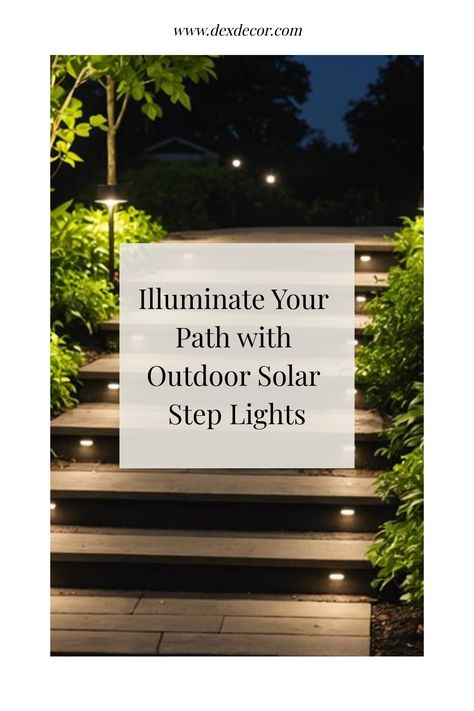 Outdoor stairs illuminated by solar step lights at night. Deck Floor Lighting, Deck Step, Solar Step Lights, Outdoor Flood Lights, Step Lights, Patio Steps, Deck Steps, Led String Lights Outdoor, Solar Lighting