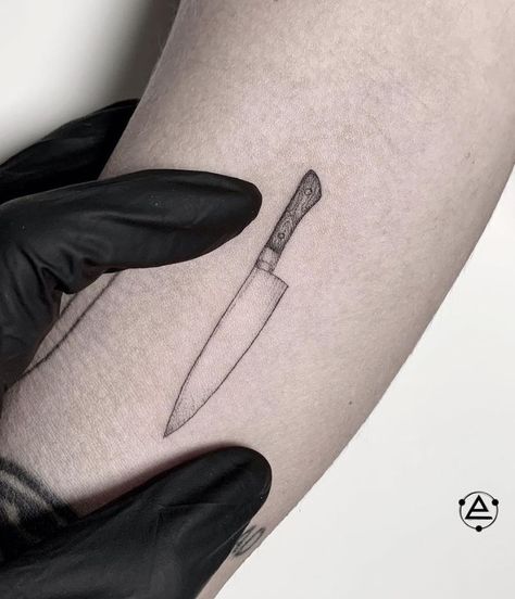 Tiny Knife Tattoo Chefs Knife Tattoo Design, Knife Fine Line Tattoo, Minimal Knife Tattoo, Knife Tattoo On Finger, Mini Knife Tattoo, Chef Knife Finger Tattoo, Small Knife Tattoos For Women, Knife Behind Ear Tattoo, Minimalist Knife Tattoo