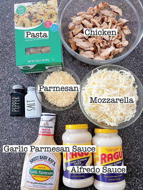 Savor the rich and creamy flavors of Baked Garlic Parmesan Chicken Alfredo pasta, an easy-to-make dish perfect for any dinner occasion. Made simpler with pre-cooked chicken and store bought Garlic Parmesan Sauce and Alfredo Sauce! Great for a quick weeknight dinner. Chicken Asparagus Alfredo Pasta, Chicken Alfredo With Store Bought Sauce, Baked Chicken Alfredo Pasta With Jar Sauce, Creamy Garlic Parmesan Chicken Bake, Easy Chicken Alfredo Bake With Jar Sauce, Alfredo Pasta Recipes With Jar Sauce, Buffalo Wild Wings Garlic Parmesan Pasta, Baked Alfredo Pasta, Knorr Pasta Sides Recipes