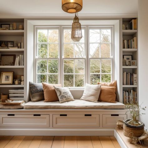 Lounge Window Seat, Window Seat Storage Ideas, Farmhouse Window Seat, Window Seat Between Bookcases, Window Seat Inspiration, Room Unique, Bay Window Library Bookshelves, Window Built Ins, Reading Nook With Bookshelves