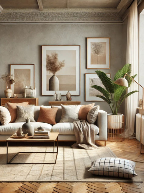 The image shows a cozy and stylish living room. There is a white sofa with neutral-toned cushions, a wooden coffee table with books and decorations, and a light-colored rug. Framed artworks hang on the gray wall, and plants add a touch of nature. Natural light streams through large windows, brightening the space. The blend of modern and vintage elements creates a warm and aesthetically pleasing atmosphere. Sand Couch Living Room, Earthy Tones Living Room, Light And Airy Living Room, Living Room Designs Cozy, Earth Tone Living Room, Off The Deep End, Grass Texture, Earthy Neutrals, Dnevna Soba