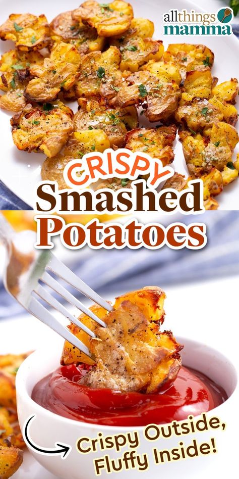 Crispy Smashed Potatoes collage graphic Smashed Potato Skins Recipe, Crispy Potato Rounds, Smashed Potatoes Make Ahead, Smashed Irish Potatoes, Smash Potatoes Recipe Easy, Pan Fried Smashed Potatoes, Teeny Tiny Potatoes Recipes Air Fryer, Breakfast Smashed Potatoes, Smashed Yellow Potatoes Recipes