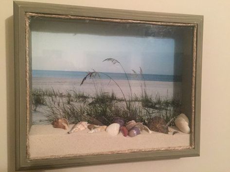 Coastal Shadow Box Ideas, Sand And Shells From Vacation, Beach Sand Decor Ideas, Beach Sand And Shells Keepsake, Sand And Shell Display Ideas, Shadow Box Shells, Sea Shell Shadow Box Ideas, Beach Shadow Box Ideas, Sea Shell Shadow Box