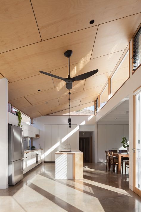 Leopold Crescent — Black and White — Cantilever Interiors | Kitchen Renovation & Custom Kitchen Designs Fan Kitchen, Kitchen Interior Modern, Plywood Ceiling, Plywood Interior, Timber Ceiling, Light Ideas, Clerestory Windows, Kitchen Ceiling, Melbourne House