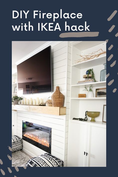 DIY electric shiplap fireplace, using IKEA Billy bookcases, diy built ins, fireplace with built ins i Diy Built Ins Around Electric Fireplace, Faux Built In Bookcase Fireplace, Built In Fake Fireplace And Tv, Ikea Billy Fireplace, Diy Built Ins Around Fireplace Ikea, Billy Bookcase Tv Wall Fireplace, Built In Shelves Around Electric Fireplace, Ikea Billy Bookcase Fireplace Built Ins, Ikea Entertainment Center With Fireplace