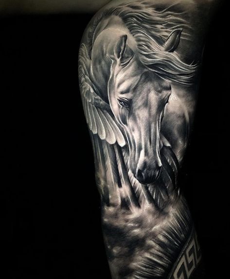 Black And White Horse Tattoo, Horse Rider Tattoo, Horse Tattoo Sleeve, Pegasus Tattoo Women, Sleipnir Tattoo, White Horse Tattoo, Pegasus Tattoo Design, Stallion Tattoo, Small Horse Tattoo