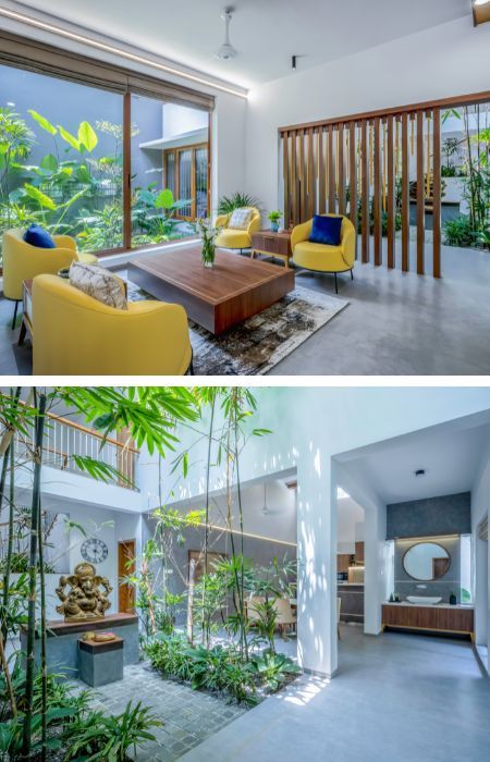 Modern Tropical Living Room, Tropical Modernism, Indian Houses, Tropical Living Room, Modern Tropical House, Modern Courtyard, Cozy Interior Design, Japanese Style House, Grill Door Design