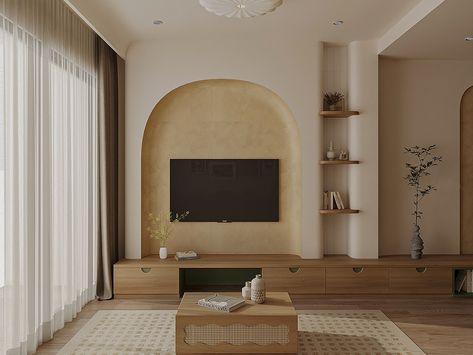 Japandi x Wabi sabi apartment :: Behance Wabi Sabi Living Room Interior Design, Wabi Sabi Apartment, Wabi Sabi Living Room, Apartment Behance, Architecture Interior Design, Autodesk 3ds Max, Diy Art Painting, Tv Unit, Architecture Interior