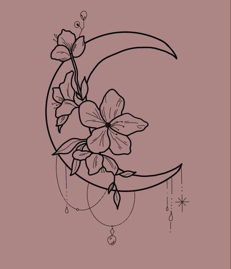 Moon Drawing With Flowers, Moon Orchid Drawing, Moon With Plants Tattoo, Flowers Associated With The Moon, Moon Orchid Tattoo, Moon Flower Vine Tattoo, Moon And Plants Drawing, Moon And Orchid Tattoo, Line Work Moon Tattoo