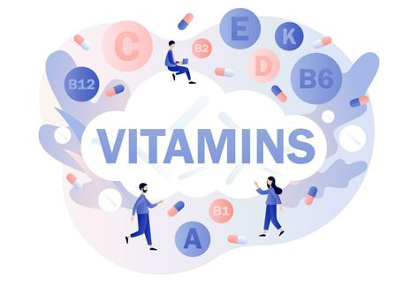 Vitamins Illustration, Tiny People, Multi Vitamin, Modern Flat, Vitamin A, Cartoon Style, Multivitamin, Cartoon Styles, Vector Art