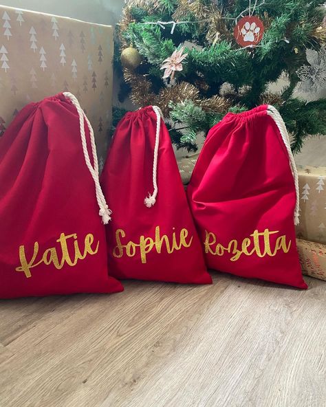 Personalised Santa sacks. Available in red and white bags with a range of colours for names available. Personalised Santa Sacks, Santa Sack, White Bag, Wedding Shop, Christmas Stockings, Stockings, Red And White, Seasonal Decor, Bathing Beauties