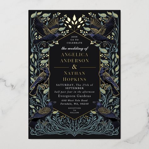 Enchanted Gothic Raven Floral Wedding Foil Invitation Forest Wedding Invitations, Gothic Wedding Invitations, Gothic Raven, Enchanted Forest Wedding, Green Wedding Invitations, Foil Wedding Invitations, Fantasy Wedding, Foil Invitations, Floral Wedding Invitation