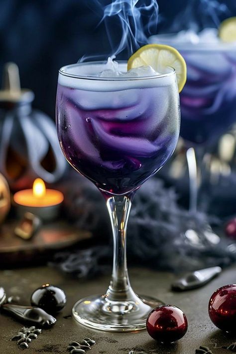 Drink Essentials, Cocktails Aesthetic, Purple Cocktails, Halloween Tricks, Halloween Cocktail, Halloween Potions, Rum Cocktails, Steamy Romance, Halloween Cocktails