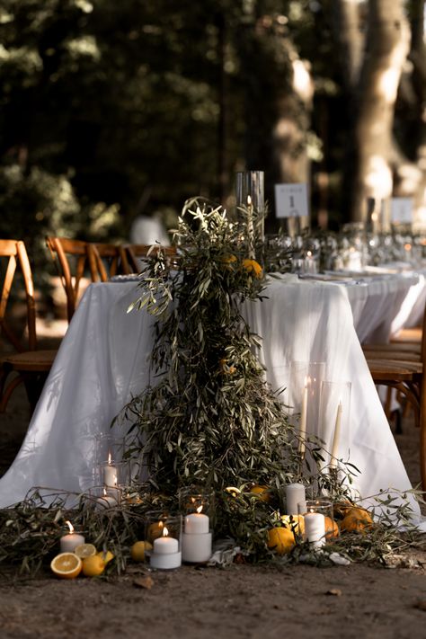 One long wedding dining table on a tree lined path and fairy lights to frame the setting. Olive branches, citrus fruit and candles as decor to set the mood as the sun set in the sky. M&M wedding Aix en Provence 2023. Olive Leaf Centerpiece Wedding, Olive Branch Wedding Decorations Table Settings, Olive Tree Wedding Table Decoration, Wedding Arch Olive Branch, Lemon Olive Wedding Table, Olive Branch Centerpiece, Wedding Table Olive Branch, Olive Leaf Table Garland, Olive Leaves Table Runner