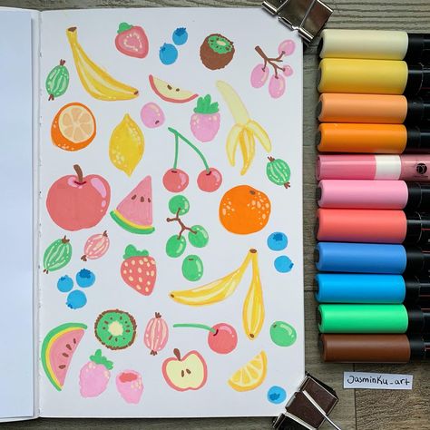 Posca Pattern Art, Fruit Marker Drawing, Cute Posca Pen Art, Pasco Marker Art, Posca Pens Doodles, Painting With Posca Pens, Mini Posca Art, Posca Pens Art Ideas Aesthetic, Acrylic Pens Painting