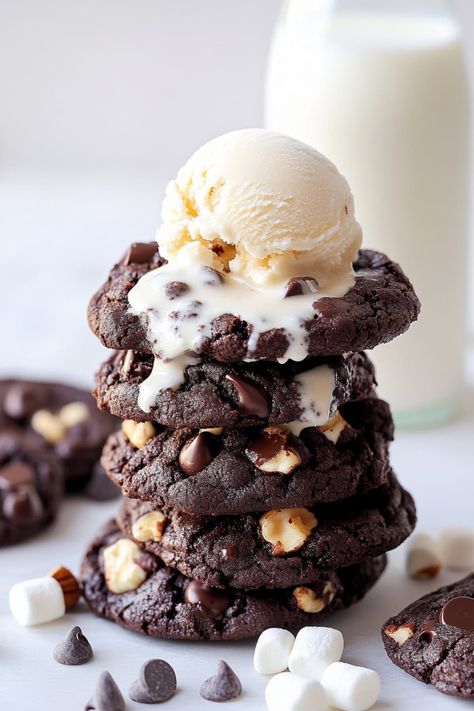 These ultra-thick, ooey-gooey rocky road cookies are packed with chocolate chips, melty marshmallows, and crunchy nuts. They're pure indulgence! Dough Desserts, 2024 Cookies, Fudgy Cookies, Cookie Dough Desserts, Rocky Road Cookies, Special Cookies, Best Peanut Butter Cookies, 2024 Recipes, Fudge Cookies