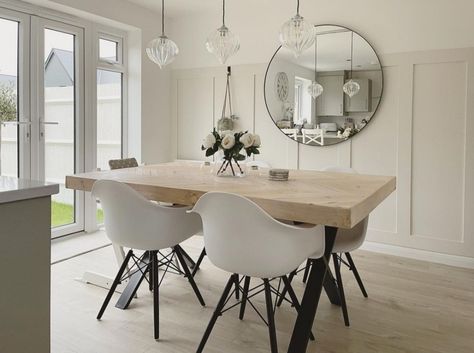 Dulux Summer Linen, Bovis Homes, Chic Dining Table, Log Burner Living Room, Bespoke Dining Table, Scandi Furniture, Interiors Kitchen, Ikea Mirror, Scandi Chic