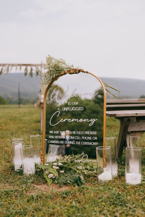 Vintage-inspired mirror signboard welcoming guests to your unplugged wedding. Boho Unplugged Ceremony Sign, Unplugged Sign Mirror, Unplugged Ceremony Mirror Sign, Unplugged Ceremony Sign Mirror, Wedding Signs Unplugged Ceremony, Unplugged Wedding Sign Mirror, Vintage Mirror Wedding Sign, Mirror Signage, Pre Wedding Photoshoot Theme