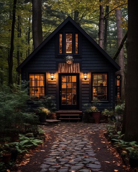 Pacific Northwest House, Alaska Hotel, Small Country House, Small Stone Cottage, Cottage Shutters, Tiny Cottages, Small Country Homes, Black Cottage, Black Houses