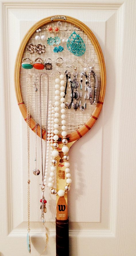 use an old tennis racket to hang jewelry. for bracelets and necklaces hang with thumbtacks. Tennis Racket Art, Tennis Art, Diy Ikea, Hanging Jewelry, Repurposed Items, Bracelets And Necklaces, Aesthetic Room Decor, Tennis Racket, Jewellery Display