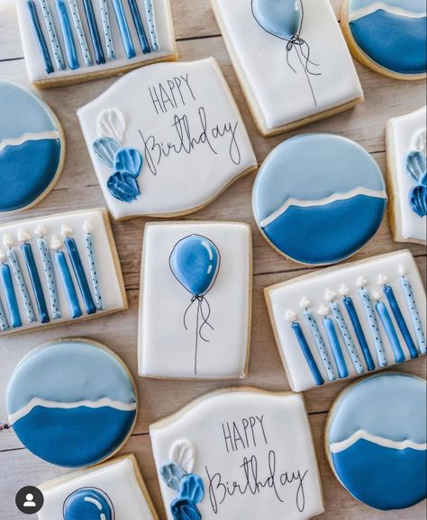 Blue Birthday Cookies Decorated, Men Birthday Cookies Decorated, Masculine Birthday Cookies Decorated, Man Birthday Cookies, Male Birthday Cookies, Blue Royal Icing Cookies, Birthday Sugar Cookies For Men, Blue Birthday Cookies, Blue Decorated Cookies