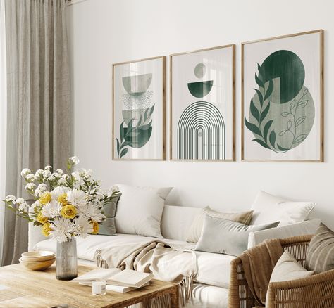 Dining Room Nordic, Sage Green Walls, Bohemian Wall Art, Wall Art Set Of 3, Green Wall Art, Geometric Wall Art, Art Set Of 3, Wall Art Canvas Painting, Living Room Pictures