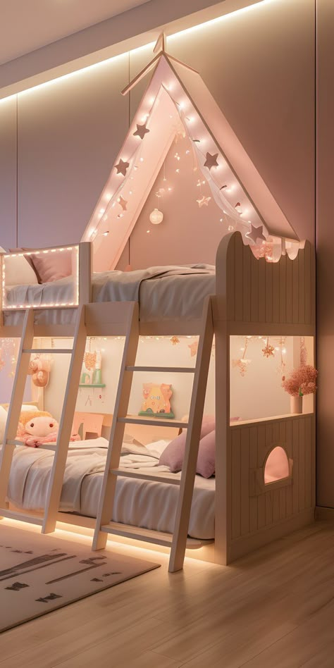 Dream Bunk Beds, Bunkbed Girls Room Ideas Aesthetic, Bunk Bed Rooms For Kids, Girls Bunk Beds Room Ideas, Kids Room With Bunk Bed, Cute Bunk Beds, Kids Bedroom Bunk Beds, Kids Bunk Bed Ideas, Girls Cabin Bed