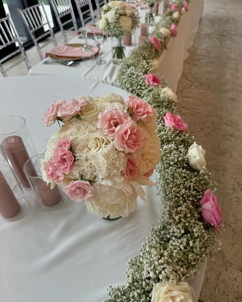 Look at the head table at this wedding 😲❤️❤️❤️❤️ so stunning! Wedding Head Table Floral Runner, Sweetheart Table Pink Flowers, Head Table, The Head, Look At, Quick Saves