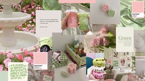 1820x1020 (16x9) aesthetic pc desktop laptop ipad macbook pink pastel pink green matcha light green Aesthetic Pc Desktop, Wallpaper Collage Laptop, Green Wallpaper Collage, Pink Green Wallpaper, Dreams Core Aesthetic, Pink And Green Wallpaper, Pink Wallpaper Laptop, Pink Macbook, Desktop Wallpaper Macbook