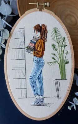 Plants And Cats, Embroidery People, Hair Embroidery, Books And Plants, Embroidery Portrait, Embroidery Hoop Decor, Mermaid Embroidery, Portrait Embroidery, Embroidery Stitches Beginner