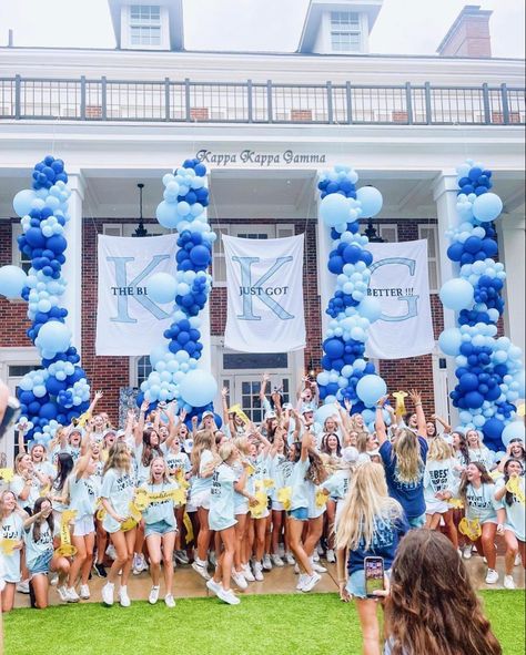 Kkg Bid Day Themes, Blue Bid Day Theme, Kappa Kappa Gamma Bid Day, Bid Day Banner, Kappa Bid Day, California University, Recruitment Ideas, Sorority House, Bid Day Themes