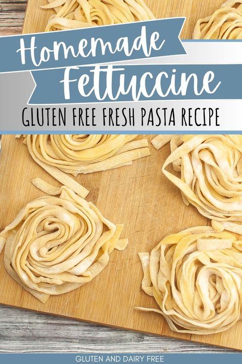 Learn how to make homemade gluten free 4 ingredient fettuccine pasta with this easy gluten free pasta recipe. So easy and dairy free too. Pasta Gluten Free Dairy Free, How To Make Healthy Pasta Noodles, High Protein Homemade Pasta, Gluten Free Noodle Recipes Homemade Pasta, Gluten Free Cavatelli Recipe, Rice Flour Pasta, Gluten Free Pasta From Scratch, Best Gluten Free Pasta Recipe, Diy Gluten Free Pasta