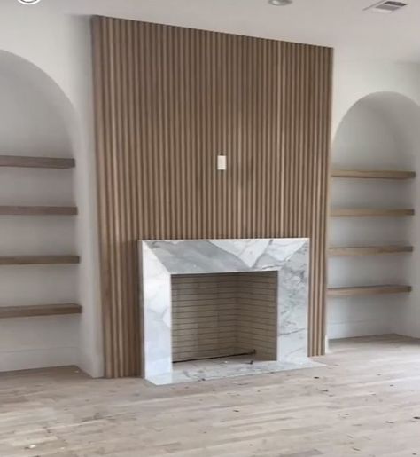 Driftwood Fireplace Wall, Furniture Built Into The Wall, 80s Fireplace Update, Grasscloth Fireplace Wall, Electric Fireplace Paneling Wall, Fireplace With Pole Wrap, Ribbed Wood Fireplace, Smooth Fireplace Wall, Master Bath Tile Accent Wall