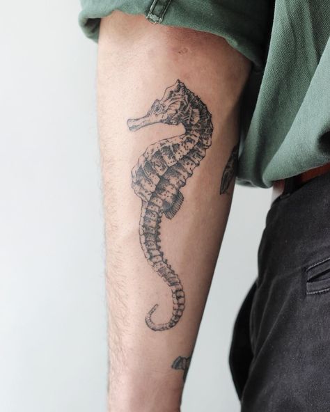 Seahorse Tatoos, Sea Theme Tattoo, Realism Stencil, Tattoo Ideas Sea, Seahorse Tattoo Design, Tattoo Seahorse, Sea Horse Tattoo, Sea Tattoo Sleeve, Horse Tattoo Design