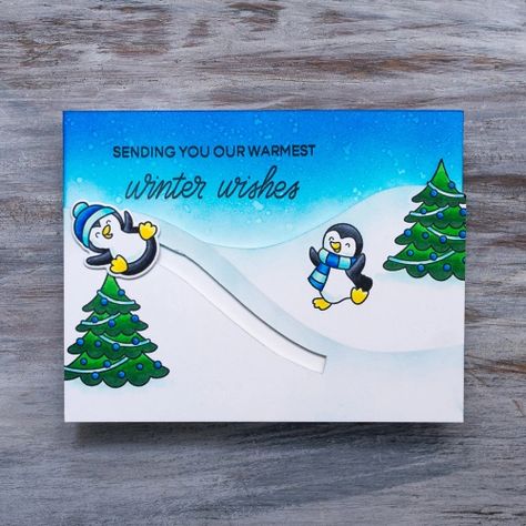 Interactive Card: Penguin Slider – Crafts by Channin Interactive Christmas Cards, Diy Slide, Spider Card, Wanna Build A Snowman, Tarjetas Pop Up, Spinner Card, Interactive Card, Fancy Fold Card Tutorials, Christmas Cards Kids